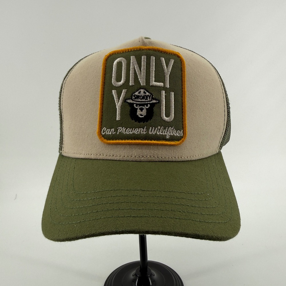 Smokey Bear Trucker Hat Green Tan Solid Cotton Mesh Patch Snapback